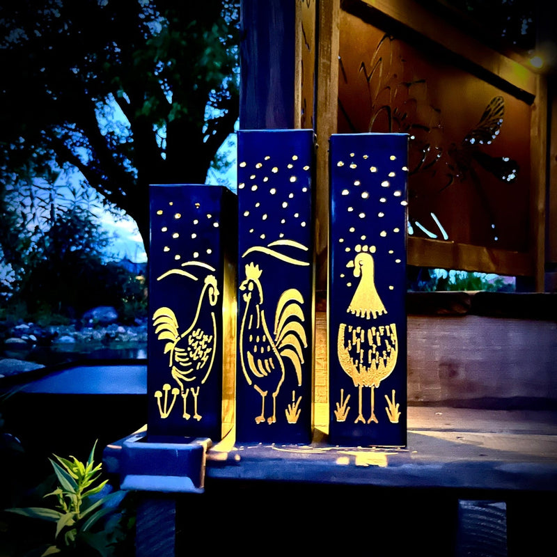 Chicken Coop Trio Luminary Pillars with Solar Cap - Cluck Yeah, They Glow!