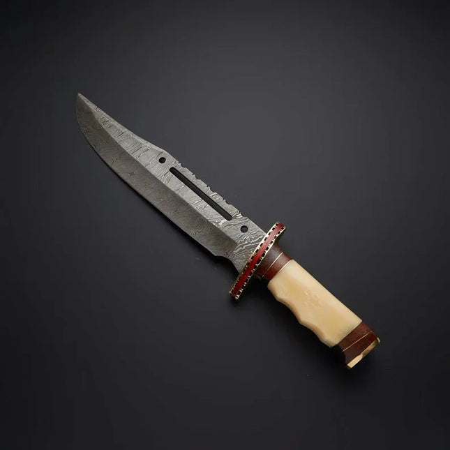 Rambo First Blood Knife - Custom Handmade Damascus Bowie with Rose Wood and Bone Handle