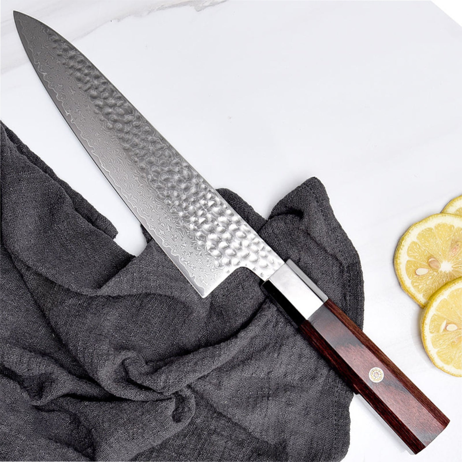 Kegani Damascus Japanese Chef Knife, 67 Layer VG-10 Natural Hammered with Rosewood Handle - Phoenix Fire Art Store