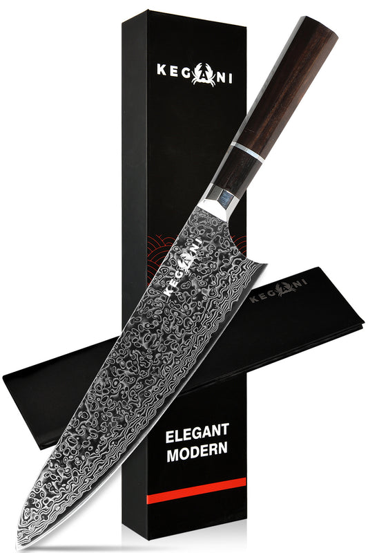 Kegani 8 Inch Japanese 72 Layer VG-10 Damascus Kiritsuke Chef Knife, Ebony Full Tang Handle - Phoenix Fire Art Store