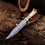 15-Inch Twist Damascus Steel Blade Custom Handcrafted Hunting Bowie Knife | 9.5-Inch Blade, Bone Handle, Brass & Damascus Finger Guards, Leather Sheath | KBS Knives
