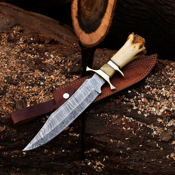 15-Inch Twist Damascus Steel Blade Custom Handcrafted Hunting Bowie Knife | 9.5-Inch Blade, Bone Handle, Brass & Damascus Finger Guards, Leather Sheath | KBS Knives