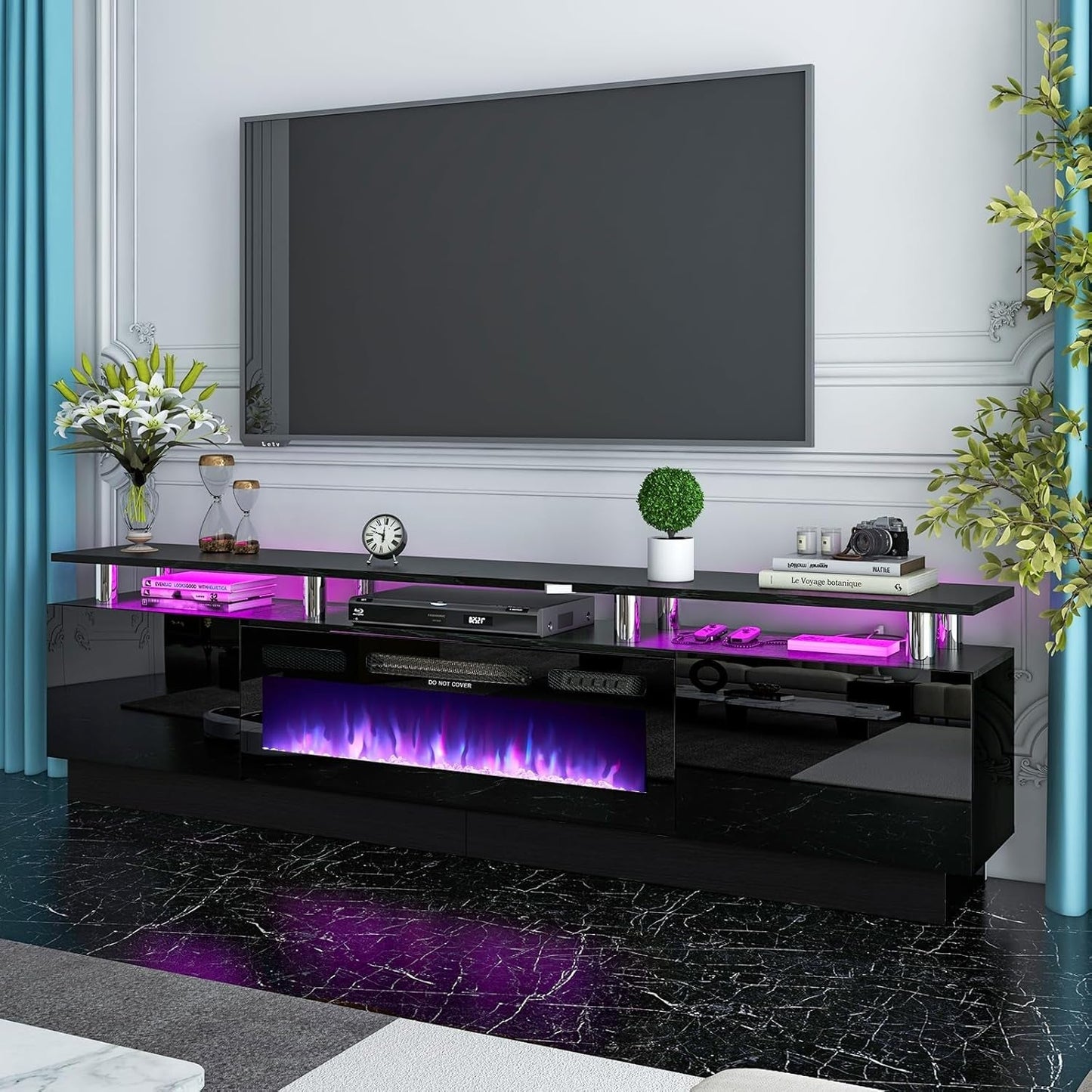 80" Modern Electric Fireplace TV Stand for TV's up to 90 Inch, with LED Lights & Cabinet, Luxury High Gloss Finish, Black