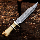 15-Inch Twist Damascus Steel Blade Custom Handcrafted Hunting Bowie Knife | 9.5-Inch Blade, Bone Handle, Brass & Damascus Finger Guards, Leather Sheath | KBS Knives
