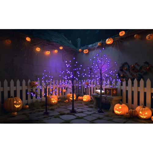 3 Pack Halloween Spooky Tree with Purple Lights, 4FT 5FT And 6FT, Lighted Black Tree for Halloween Decoration