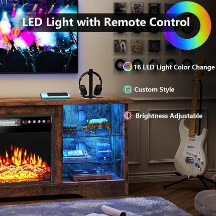 Modern Entertainment Center with 18'' Fireplace for TV's up to 65 Inch, with Adjustable Glass Shelves and Storage Cabinets (Brown) - Phoenix Fire Art Store