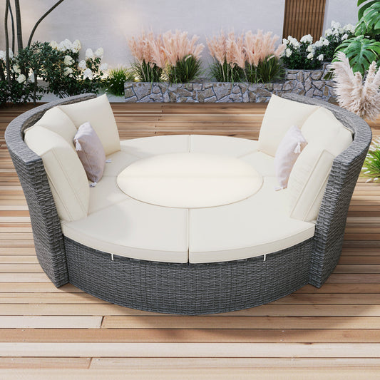 Patio 5-Piece Round Rattan Sectional All-Weather Sofa Set W/ Liftable Table