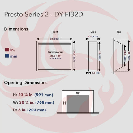 Dynasty Presto 32" Vent Free Electric Firebox Insert With Multifnction Remote Control [DY-FI32D] (SAK54792) - Phoenix Fire Art Store