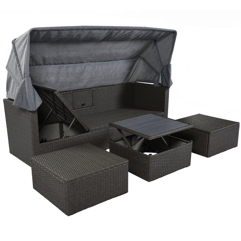 U Style Patio Rectangle Daybed With Canopy, Wicker Sectional Seating - Phoenix Fire Art Store