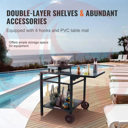 Outdoor Multifunctional Foldable, Portable, Modular Iron Table Top BBQ Grill Dining Cart With Double-Shelf - Phoenix Fire Art Store