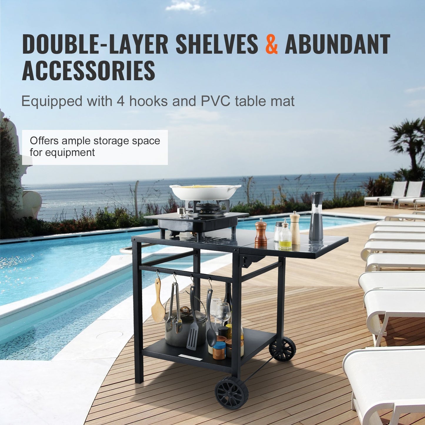 Outdoor Multifunctional Foldable, Portable, Modular Iron Table Top BBQ Grill Dining Cart With Double-Shelf