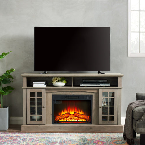 Classic TV Media Stand Modern Entertainment Console With 23  Fireplace Inset For TV Up To 65 With Open And Closed Storage Space, Gray Wash - Phoenix Fire Art Store