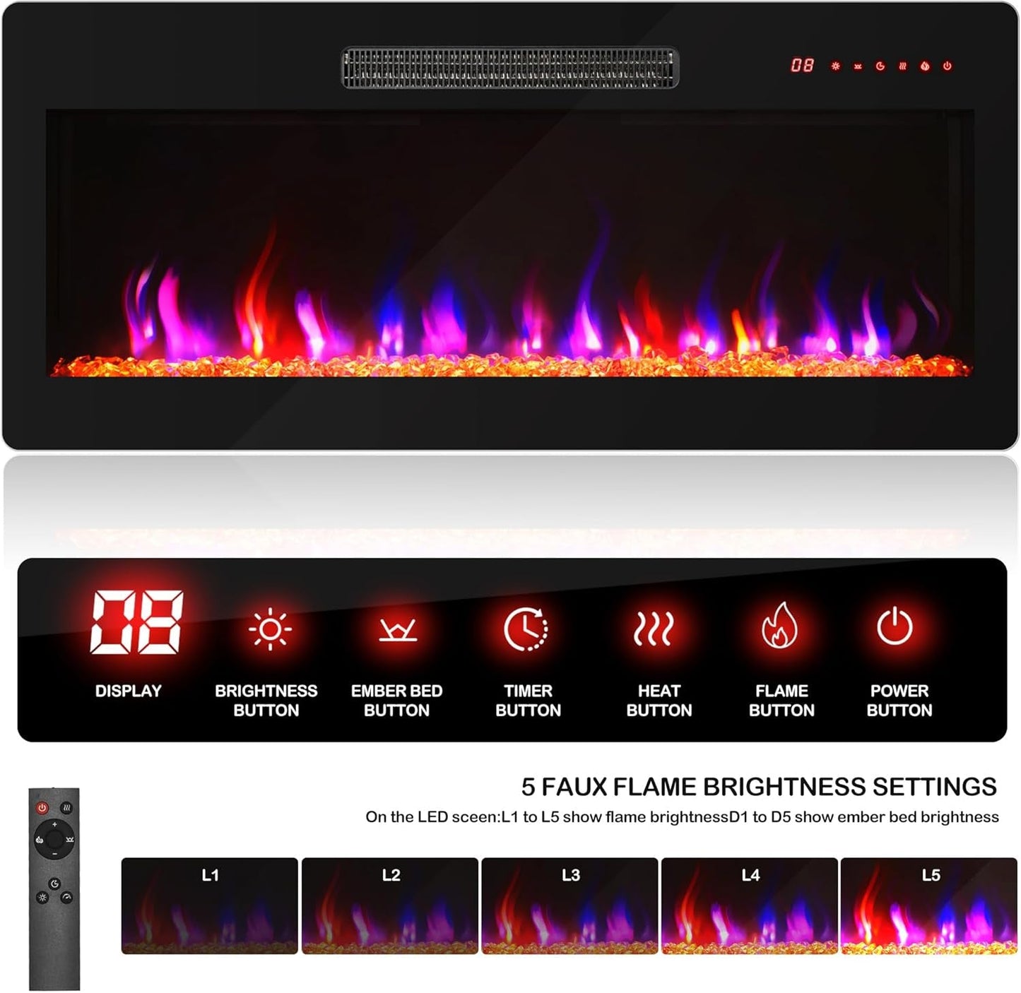 68" Entertainment Center with 36" Electric Fireplace Heater & Storage Cabinet, for Tv's up to 75" - Harper (Black Ebony)