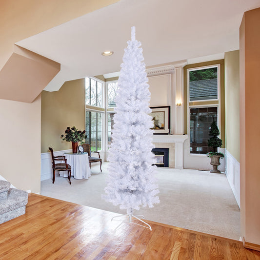 7.5 Feet White Slender Faux Christmas Tree Including Foldable Metal Stands