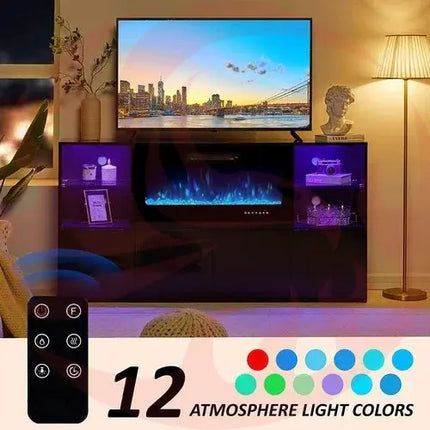 Modern TV Stand with Electric Fireplace and LED Lights - Phoenix Fire Art Store