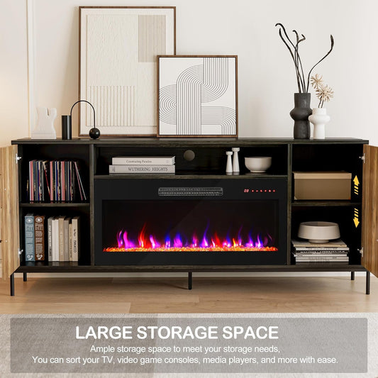 68" Entertainment Center with 36" Electric Fireplace Heater & Storage Cabinet, for Tv's up to 75" - Harper (Black Ebony)