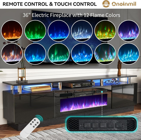 80" Modern Electric Fireplace TV Stand for TV's up to 90 Inch, with LED Lights & Cabinet, Luxury High Gloss Finish, Black