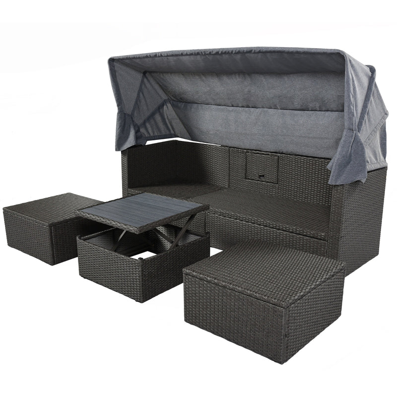 U Style Patio Rectangle Daybed With Canopy, Wicker Sectional Seating - Phoenix Fire Art Store