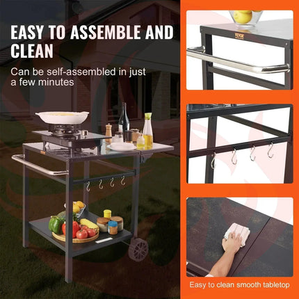 Outdoor Multifunctional Foldable, Portable, Modular Iron Table Top BBQ Grill Dining Cart With Double-Shelf - Phoenix Fire Art Store