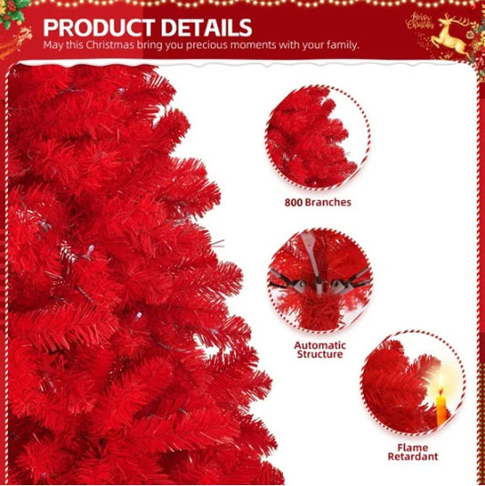6 FT Artificial Christmas Tree, Unlit Hinged Christmas Pine Tree With 800 Branch Tips And Sturdy Metal Stand, Red