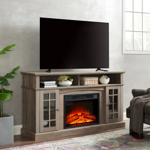 Classic TV Media Stand Modern Entertainment Console With 23  Fireplace Inset For TV Up To 65 With Open And Closed Storage Space, Gray Wash - Phoenix Fire Art Store
