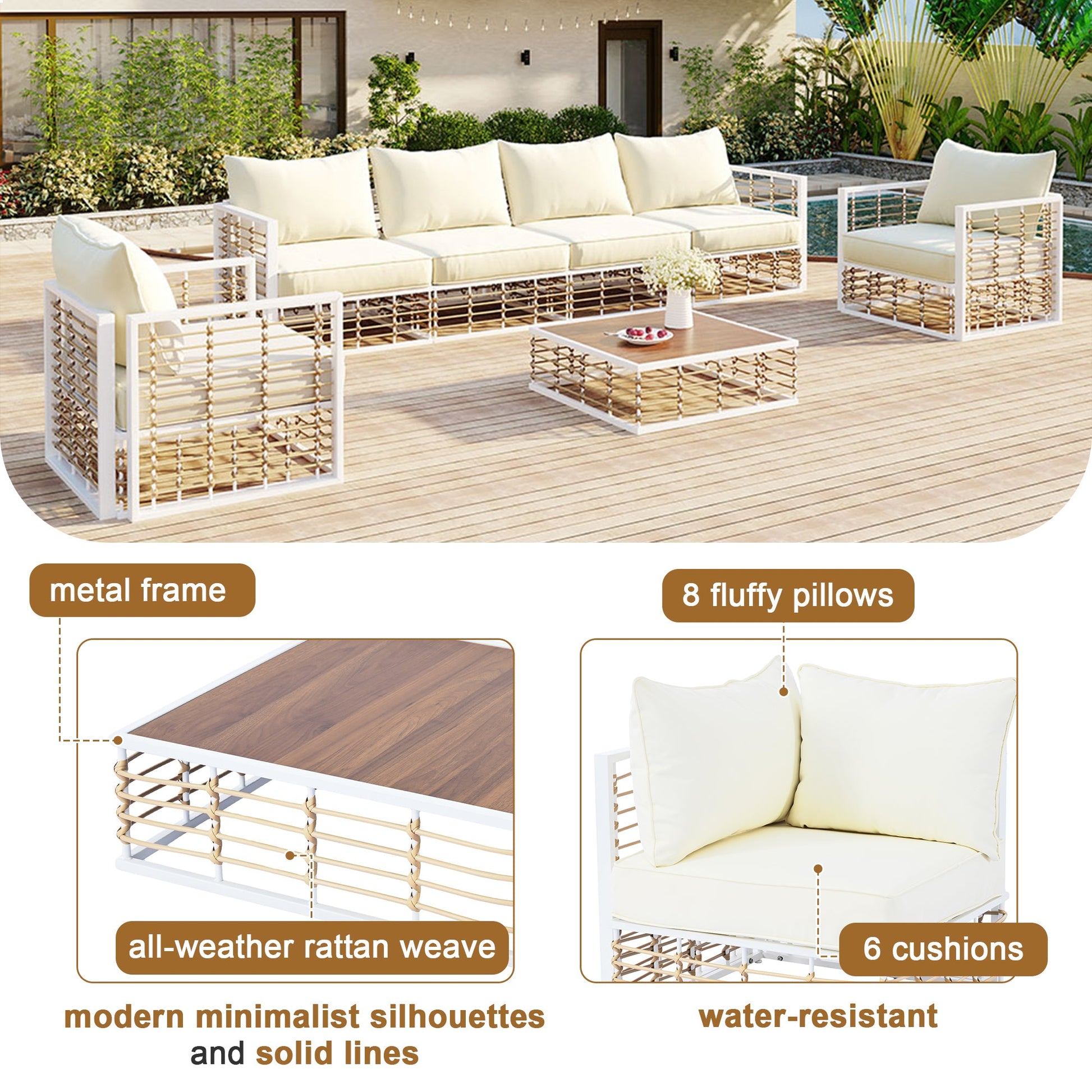 Modern Minimalist 7-Piece Metal Patio All-Weather Sectional Sofa Set - Phoenix Fire Art Store