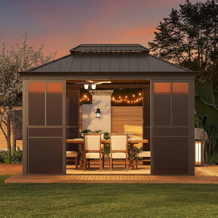 Alora Terrace Fully-Enclosed Outdoor Black Sunroom With Lockable Sliding Doors And Galvanized Double Steel Roof (SAK81634) SAKSBY WHOLESALE