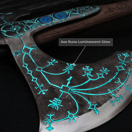 Hand-forged "Ragnarok Kratos axe" with carved handle and Glow-in-the-Dark Runes - Phoenix Fire Art Store