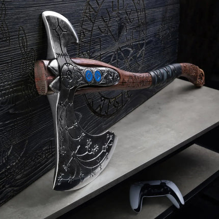 Hand-forged "Ragnarok Kratos axe" with carved handle and Glow-in-the-Dark Runes - Phoenix Fire Art Store