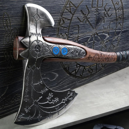 Hand-forged "Ragnarok Kratos axe" with carved handle and Glow-in-the-Dark Runes - Phoenix Fire Art Store