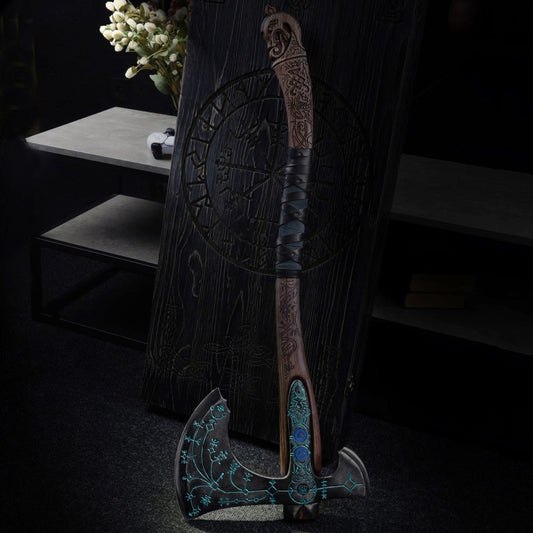 Hand-forged "Ragnarok Kratos axe" with carved handle and Glow-in-the-Dark Runes