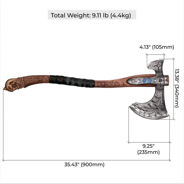Hand-forged "Ragnarok Kratos axe" with carved handle and Glow-in-the-Dark Runes - Phoenix Fire Art Store