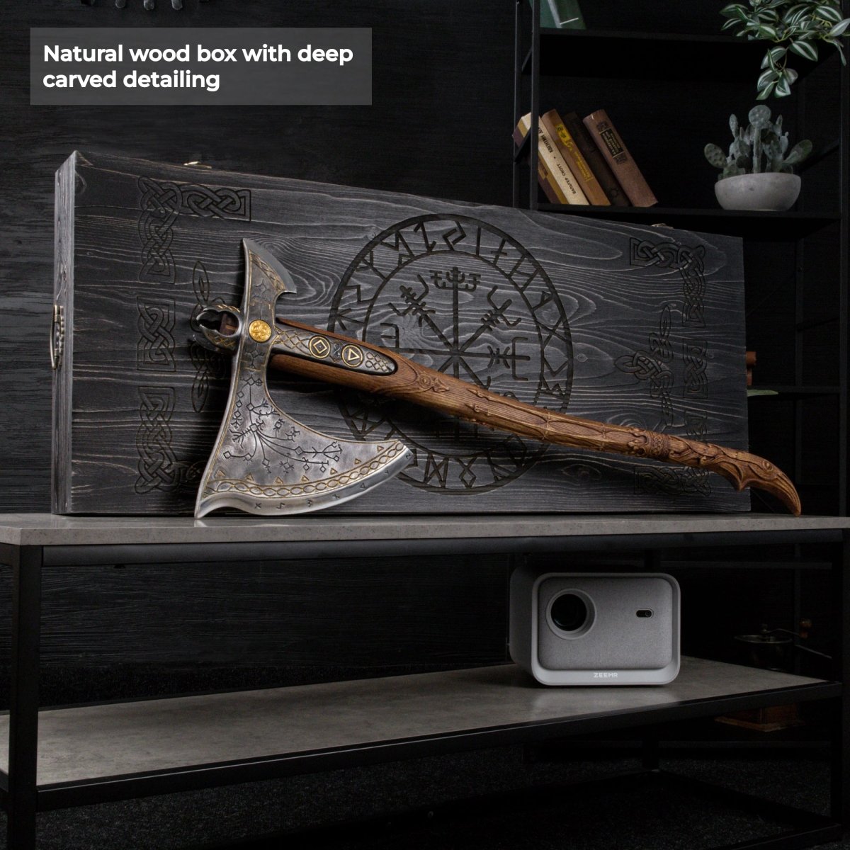 Handcrafted Leviathan axe with leather cover and glow in the dark runes