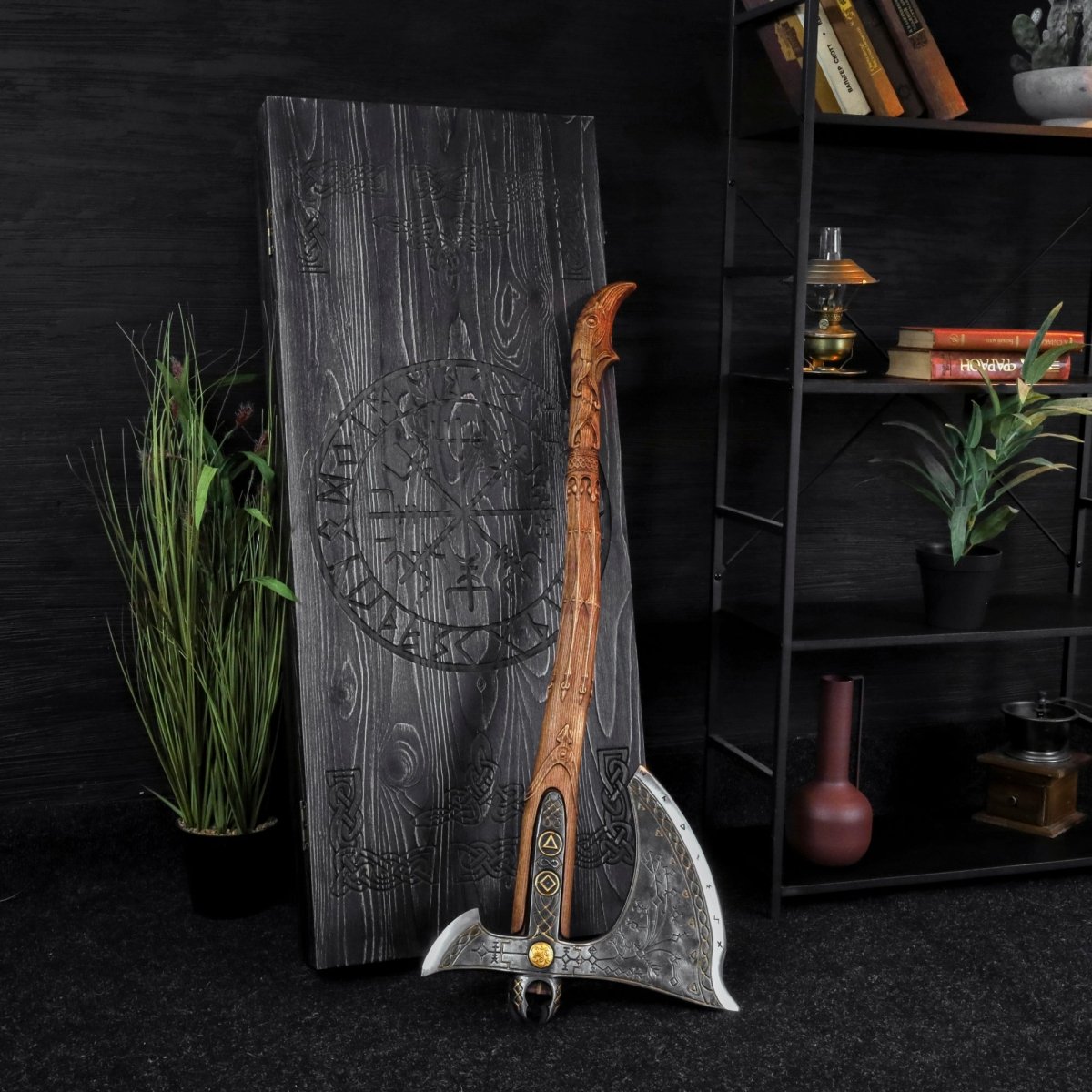 Handcrafted Leviathan axe with leather cover and glow in the dark runes
