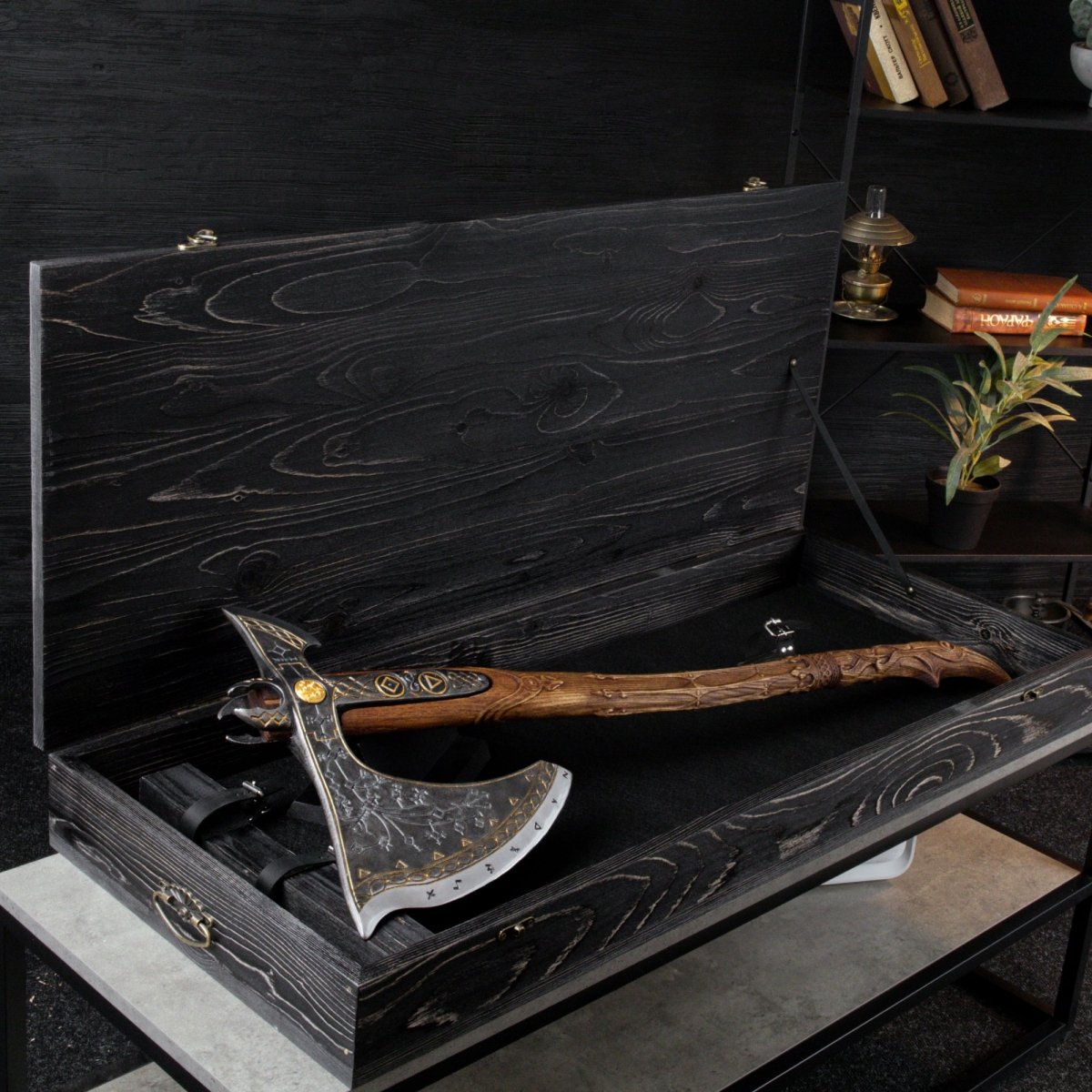 Handcrafted Leviathan axe with leather cover and glow in the dark runes