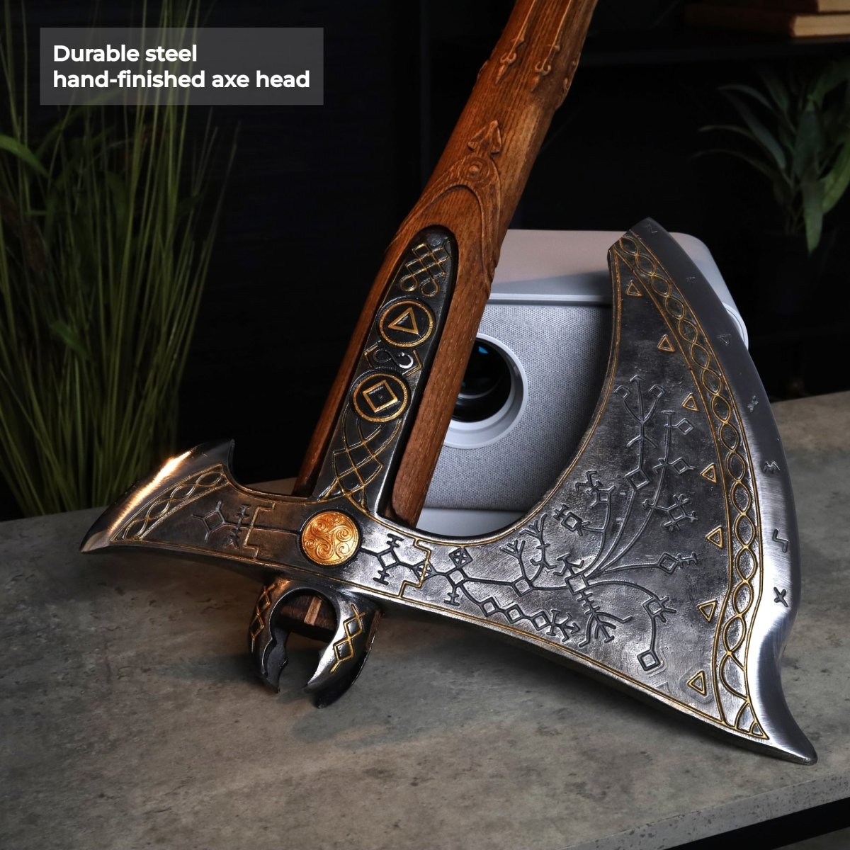 Handcrafted Leviathan axe with leather cover and glow in the dark runes