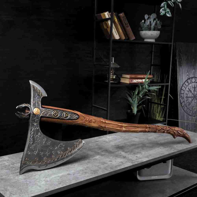 Handcrafted Leviathan axe with leather cover and glow in the dark runes - Phoenix Fire Art Store
