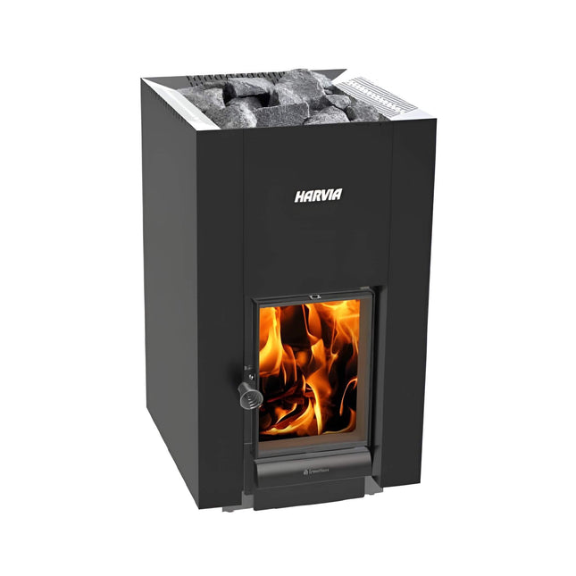 Harvia GreenFlame 22 Linear Wood Sauna Stove With Sauna Stones, 15.7KW [WKLI22GM] (SAK62094) SAKSBY WHOLESALE