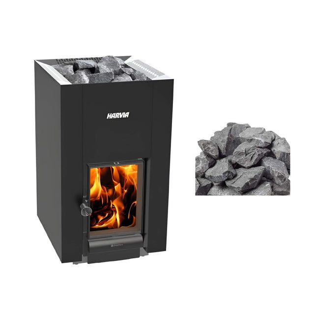 Harvia GreenFlame 22 Linear Wood Sauna Stove With Sauna Stones, 15.7KW [WKLI22GM] (SAK62094) SAKSBY WHOLESALE