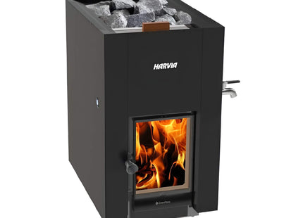 Harvia GreenFlame ES 22 Linear Black Wood Sauna Stove With Sauna Stones, 15.7KW [WKLI22GESM] (SAK31692) SAKSBY WHOLESALE