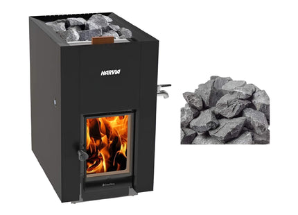 Harvia GreenFlame ES 22 Linear Black Wood Sauna Stove With Sauna Stones, 15.7KW [WKLI22GESM] (SAK31692) SAKSBY WHOLESALE