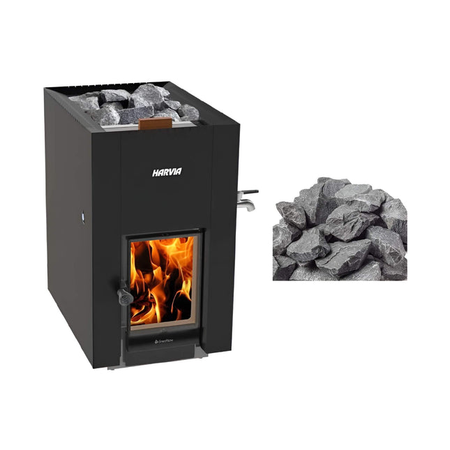 Harvia GreenFlame ES 22 Linear Black Wood Sauna Stove With Sauna Stones, 15.7KW [WKLI22GESM] (SAK31692) SAKSBY WHOLESALE