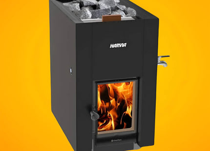 Harvia GreenFlame ES 22 Linear Black Wood Sauna Stove With Sauna Stones, 15.7KW [WKLI22GESM] (SAK31692) SAKSBY WHOLESALE