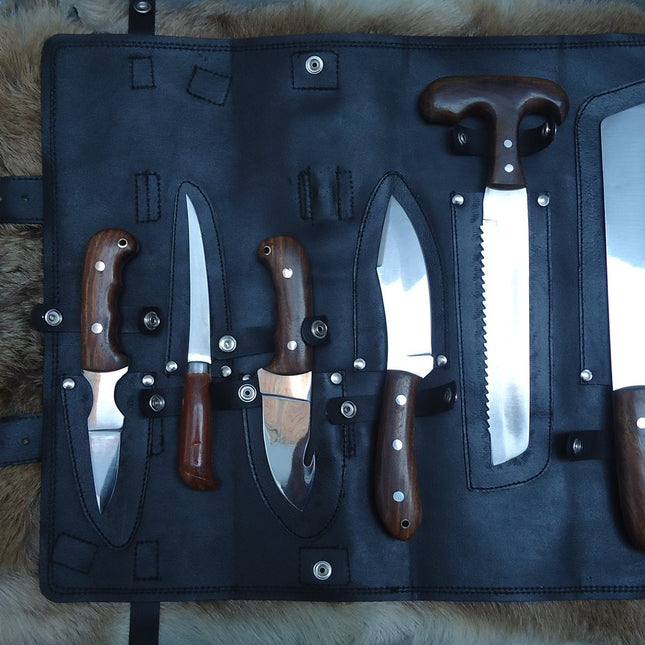 Game Processing Kit – 6-Piece Rosewood Handle Knife Set with Leather Roll