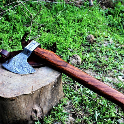 Damascus Steel Custom Viking Beard Axe with Rosewood Handle and Leather Sheath by KBS Knives Store.