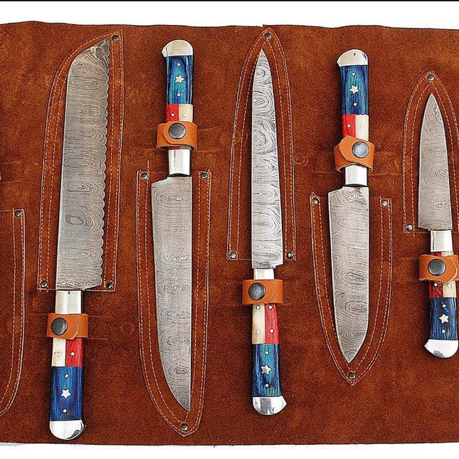 Lone Star Legacy: 7-Piece Kitchen Knives Set with Twist Damascus Steel Blades, Texas Flag Style Handles, Exotic Wood and Bone, and Leather Roll