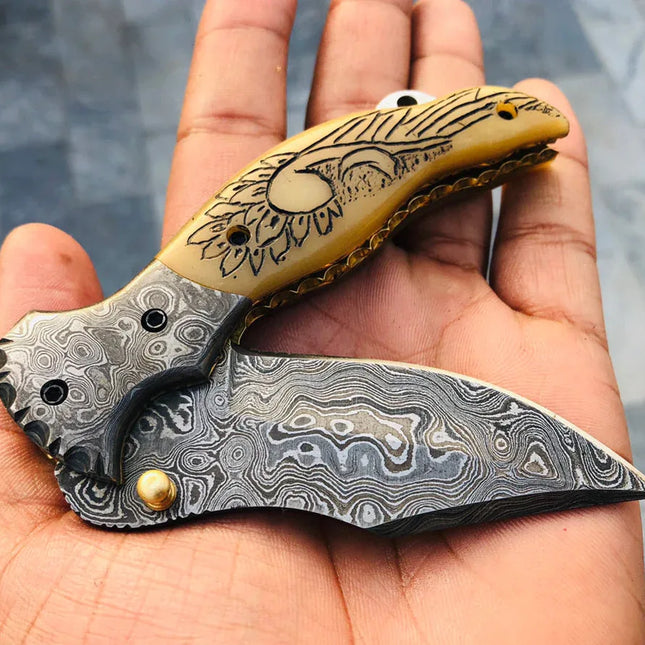Custom Handmade Damascus Steel Engraved Folding Pocket Knife with Leather Case - KBS Knives Store