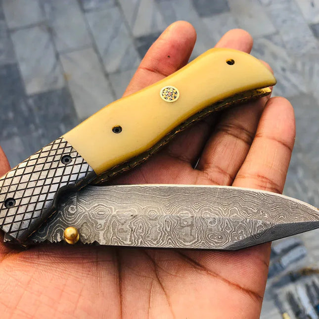 Custom Handmade Damascus Steel Folding Pocket Knife with Bone Handle and Leather Case - 3.3" Blade by KBS Knives Store