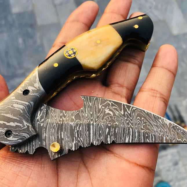 Custom Handmade Damascus Steel Tactical Folding Pocket Knife with Bone and Buffalo Horn Handle and Leather Case by KBS Knives Store
