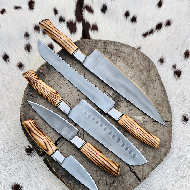 5 Piece Custom Handmade Acid Washed Stainless Steel Kitchen Knives Set with Leather Roll and Burly Wenge Wood Handles" by KBS Knives Store